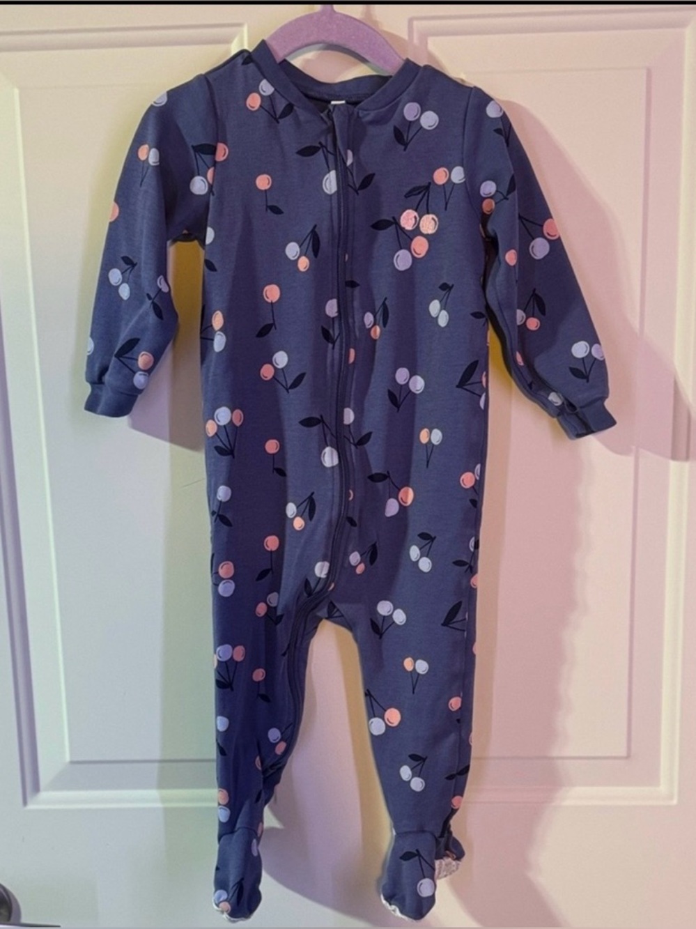 Pekkle Navy Cherry-Print Footed One-Piece Pajamas for Kids 18 months